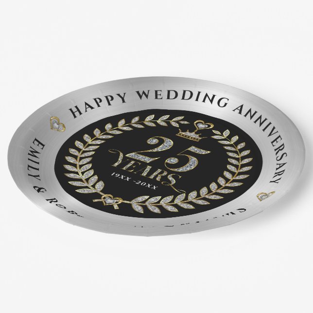 25 year Anniversary Gold and white diamonds Paper Plate (Angled)