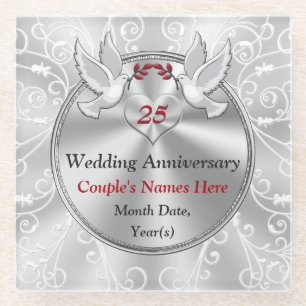 25 Year Wedding Anniversary Gift Personalised Glass Coaster