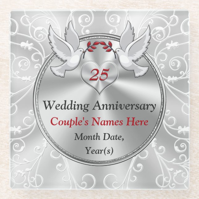 25 Year Wedding Anniversary Gift Personalised Glass Coaster (Front)