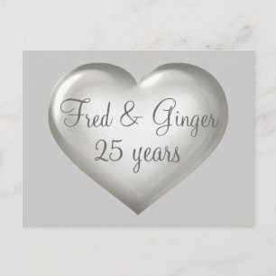 25 years silver glass and white heart anniversary announcement postcard