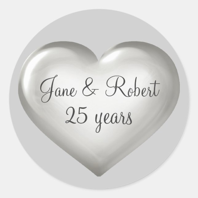25 Years Silver Glass Heart silver anniversary Classic Round Sticker (Front)