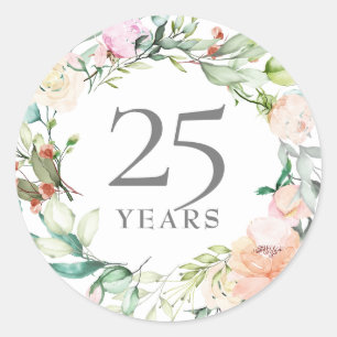 25 Years Silver Wedding Anniversary Floral Roses Classic Round Sticker