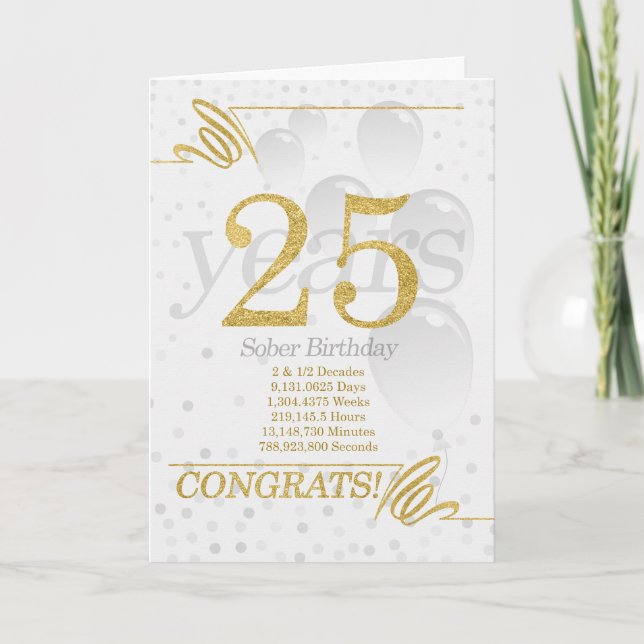 25 Years Sober Birthday Faux Gold Glitter Card (Front)