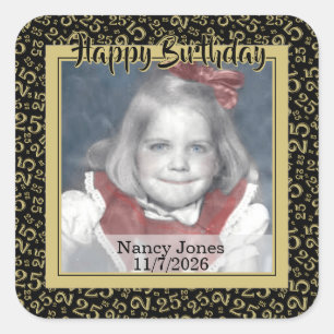 25 Your Photo Random Number Pattern Black/Gold Square Sticker