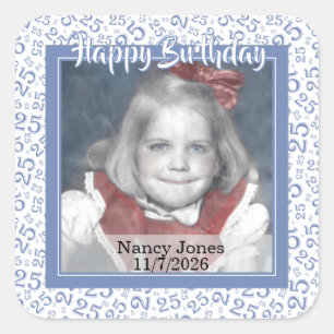 25 Your Photo Random Number Pattern Blue/White Square Sticker