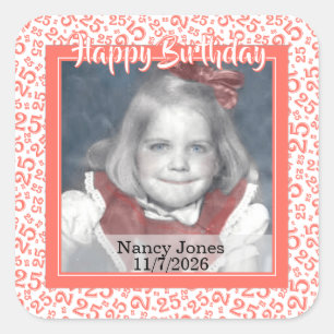 25 Your Photo Random Number Pattern Coral/White Square Sticker