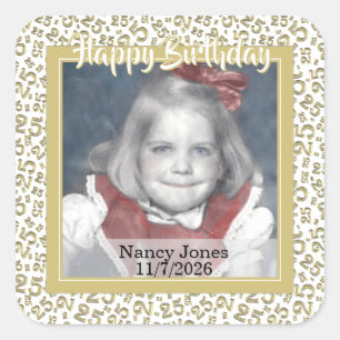 25 Your Photo Random Number Pattern Gold/White Square Sticker