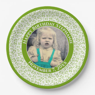 25 Your Photo Random Number Pattern Green/White Paper Plate