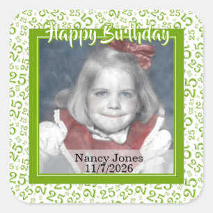 25 Your Photo Random Number Pattern Green/White Square Sticker