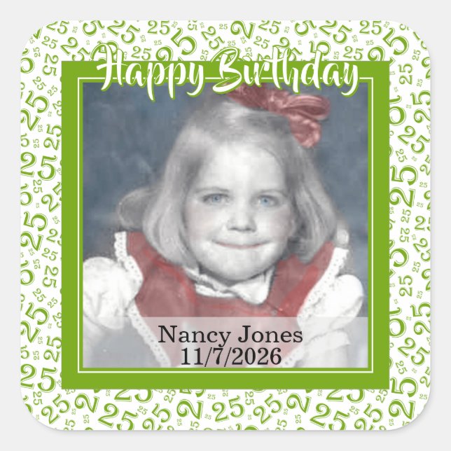 25 Your Photo Random Number Pattern Green/White Square Sticker (Front)
