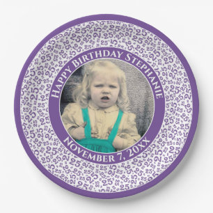 25 Your Photo Random Number Pattern Purple/White Paper Plate