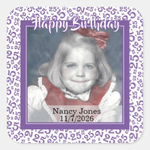25 Your Photo Random Number Pattern Purple/White Square Sticker