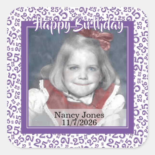 25 Your Photo Random Number Pattern Purple/White Square Sticker (Front)