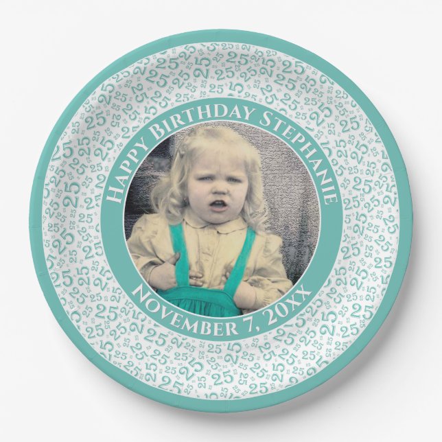 25 Your Photo Random Number Pattern Teal/White Paper Plate (Front)