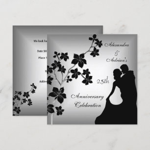 25th Anniversary Asian Black Silver Floral Couple Invitation