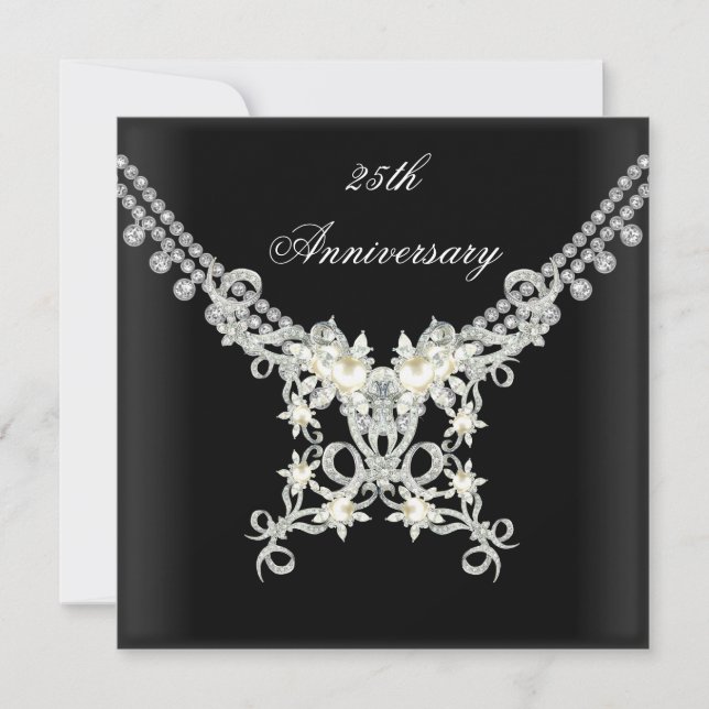 25th Anniversary Black White Silver Pearl Jewel Invitation (Front)