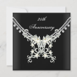 25th Anniversary Black White Silver Pearl Jewel Invitation