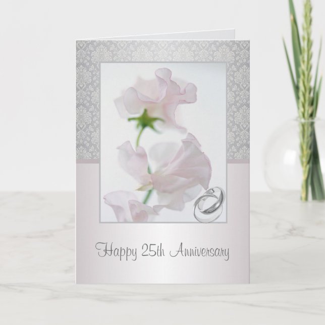 25th Anniversary Card. Flowers, rings, damask patt Card (Front)