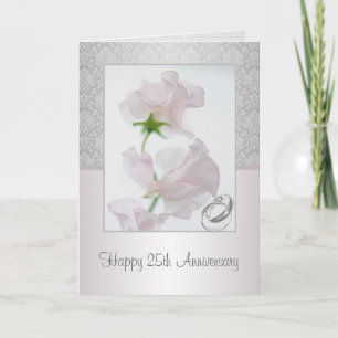 25th Anniversary Card. Flowers, rings, damask patt Card