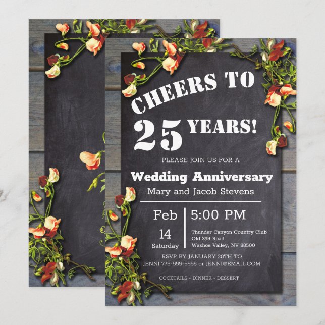 25th Anniversary Chalkboard Floral Border Invitation (Front/Back)