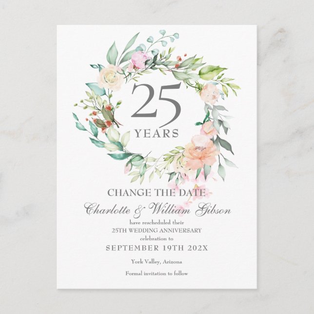 25th Anniversary Change the Date Floral Roses Announcement Postcard (Front)