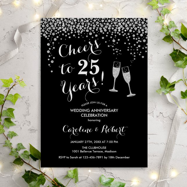 25th Anniversary - Cheers to 25 Years Silver Black Invitation (Creator Uploaded)