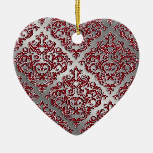 25th Anniversary Christmas Sparkle Silver Damask Ceramic Tree Decoration (Front)