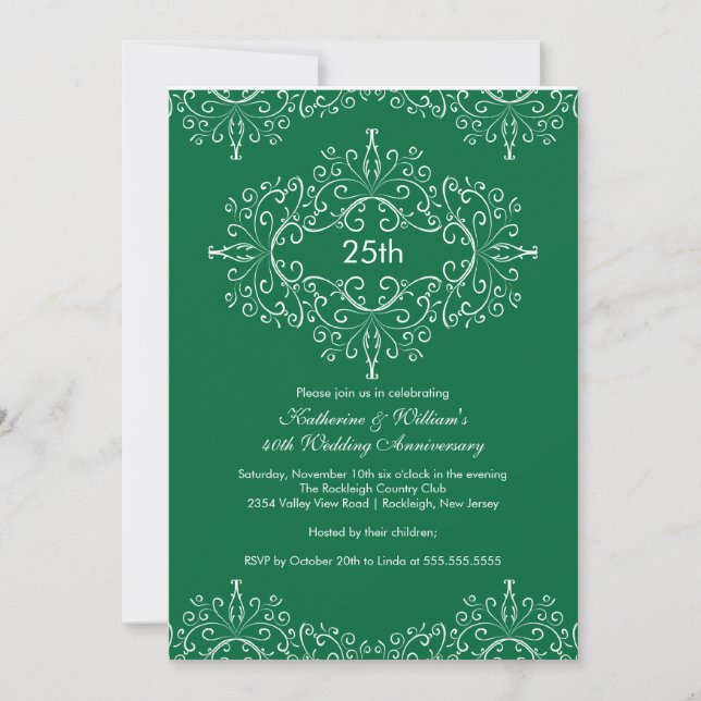 25th Anniversary Damask Invitation Green White (Front)