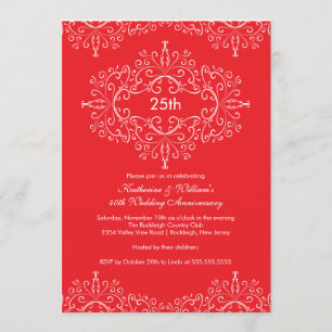 25th Anniversary Damask Invitation Red White
