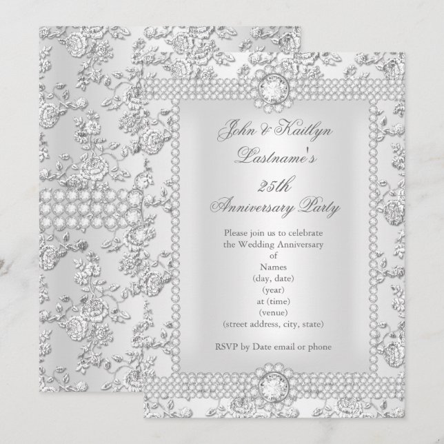 25th Anniversary Diamond Rose Damask Silver long Invitation (Front/Back)