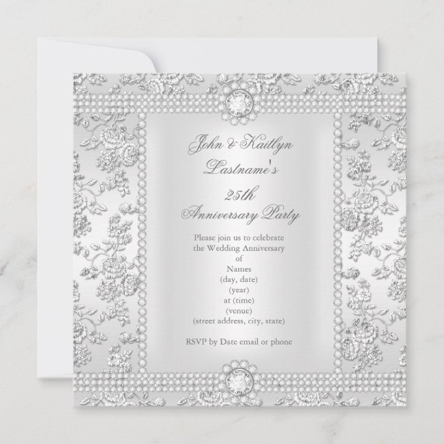 25th Anniversary Diamond Rose Damask Silver White Invitation (Front)