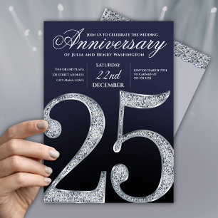 25th Anniversary Diamond Silver Dark Blue Years Invitation