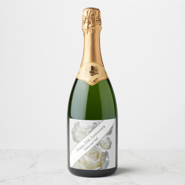 25th Anniversary editable Silver Rose   Sparkling Wine Label (Front)