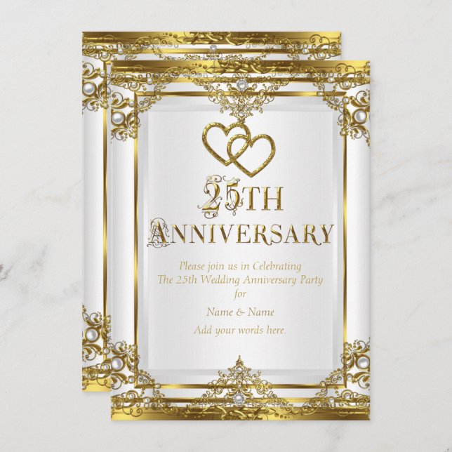 25th Anniversary Elegant Gold White Pearl 2 Invitation (Front/Back)