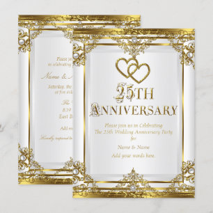 25th Anniversary Elegant Gold White Pearl 2 Invitation