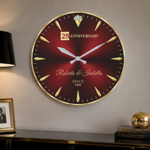25th Anniversary Elegant Ruby Red & Gold Wedding A Large Clock