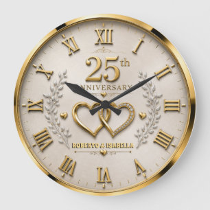 25th Anniversary Elegant Silver & Gold Wedding Large Clock