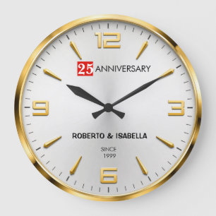 25th Anniversary Elegant Silver & Gold Wedding Large Clock