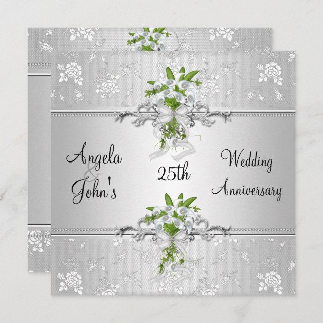 25th Anniversary Elegant Silver White Floral Invitation (Front/Back)