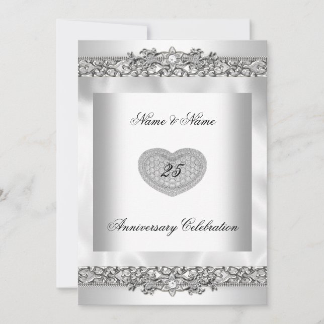 25th Anniversary Elegant White Silver Heart Lace 3 Invitation (Front)