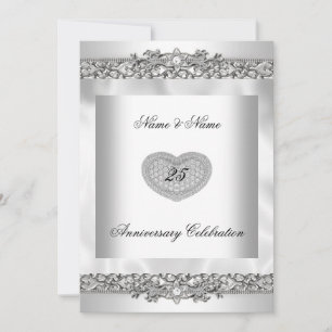 25th Anniversary Elegant White Silver Heart Lace 3 Invitation