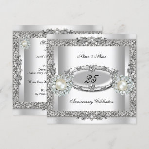 25th Anniversary Elegant White Silver Pearl Lace 2 Invitation