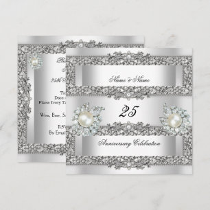 25th Anniversary Elegant White Silver Pearl Lace Invitation