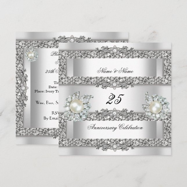 25th Anniversary Elegant White Silver Pearl Lace Invitation (Front/Back)