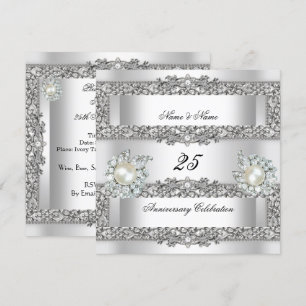 25th Anniversary Elegant White Silver Pearl Lace Invitation