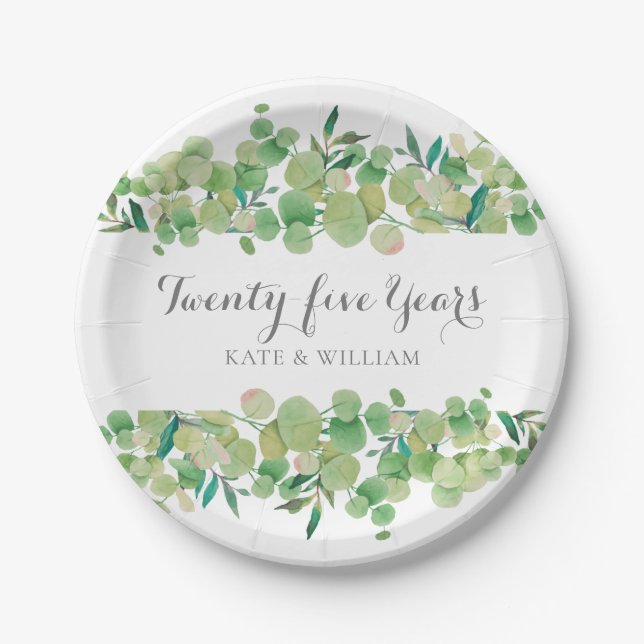 25th Anniversary Eucalyptus Floral Greenery  Paper Plate (Front)