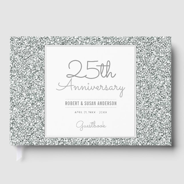 25th Anniversary Faux Silver Glitter Guest Book (Front)