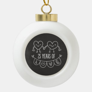 25th Anniversary Gift Chalk Hearts Ceramic Ball Christmas Ornament