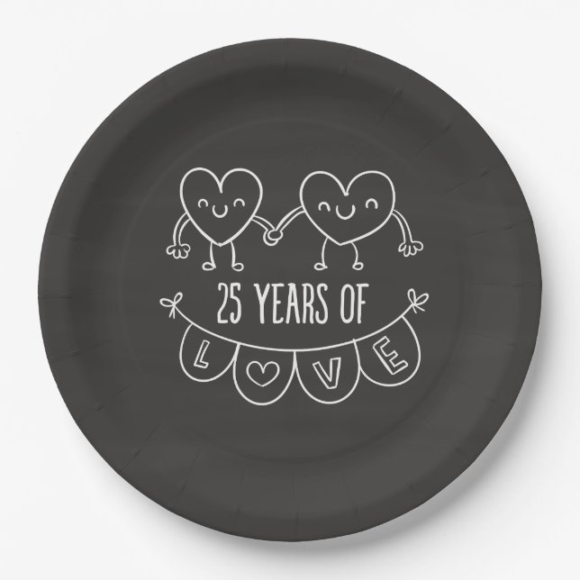 25th Anniversary Gift Chalk Hearts Paper Plate (Front)