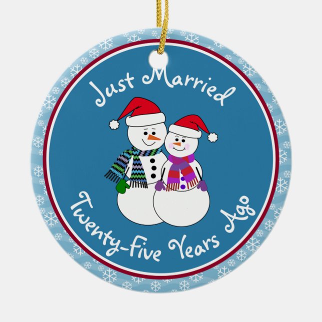 25th Anniversary Gift Fun Snow Couple Christmas Ceramic Tree Decoration (Front)